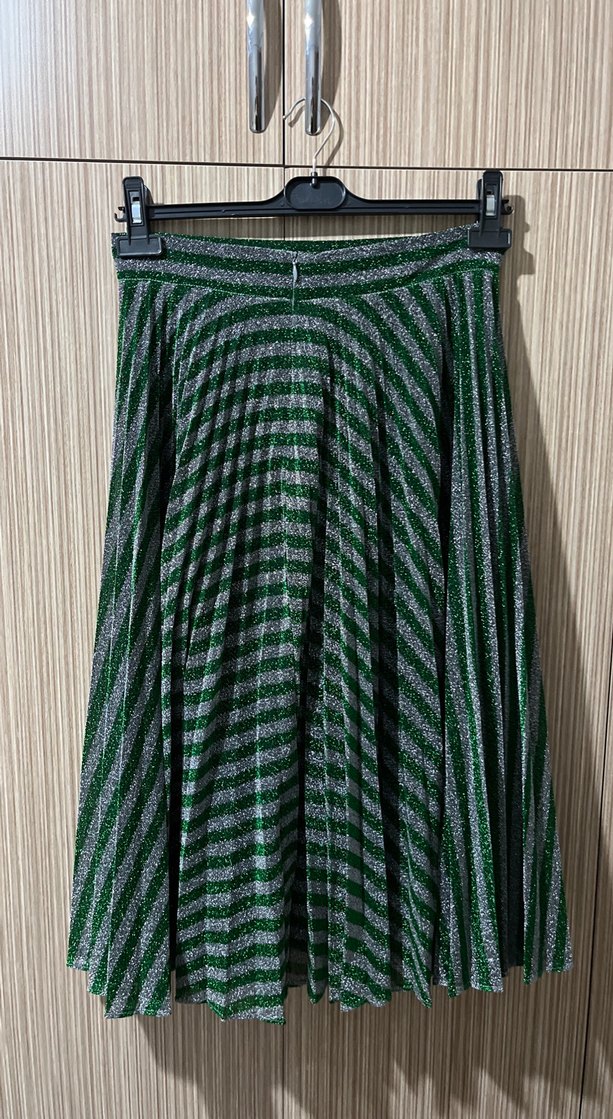 Parlak Yeşil Çizgili Pilili Uzun Etek - Görsel 2