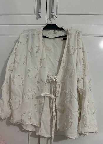 Mango Ekru Bohem V Yaka Puskullu Ceket Kimono