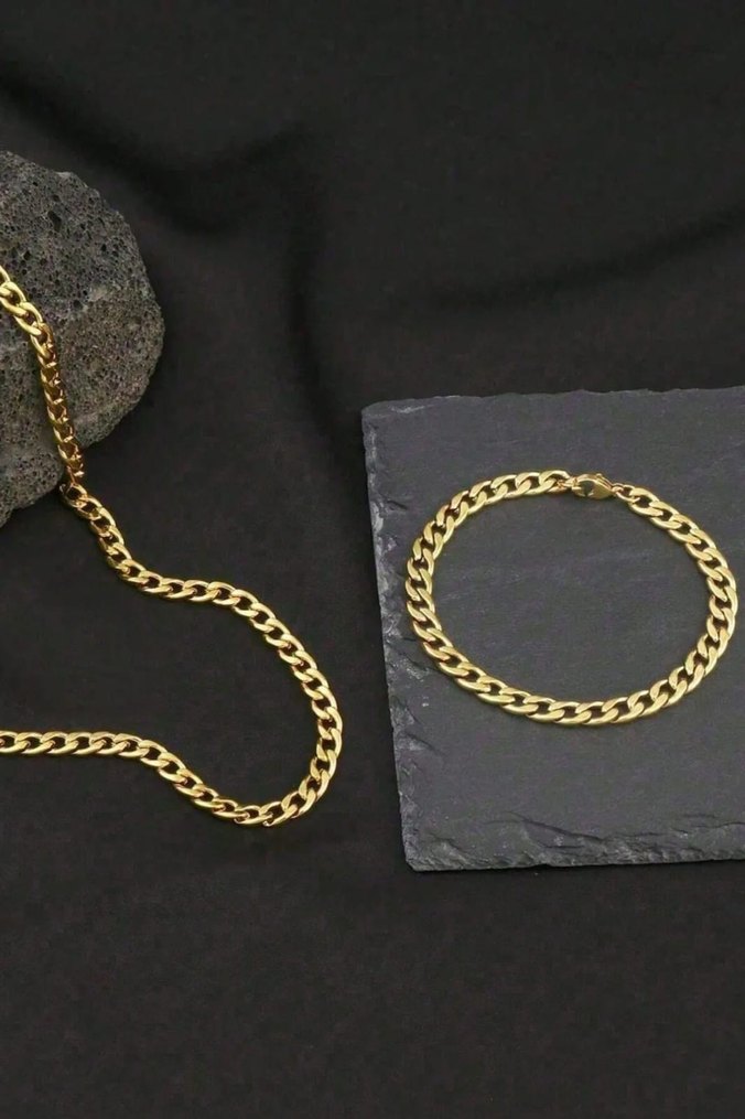Urban Paslanmaz Gold Çelik Kolye ve Bileklik Set - Görsel 2