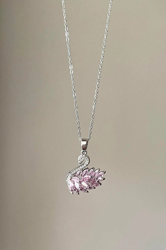 Kararmaz Kadın Gümüş Pembe Taşlı Kuğu Çelik Kolye - Görsel 2
