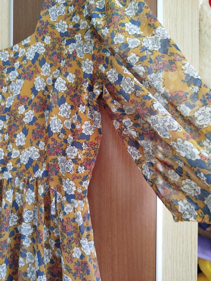 Düğmeli Bohem dirsekte tül kol elbıse - Görsel 4