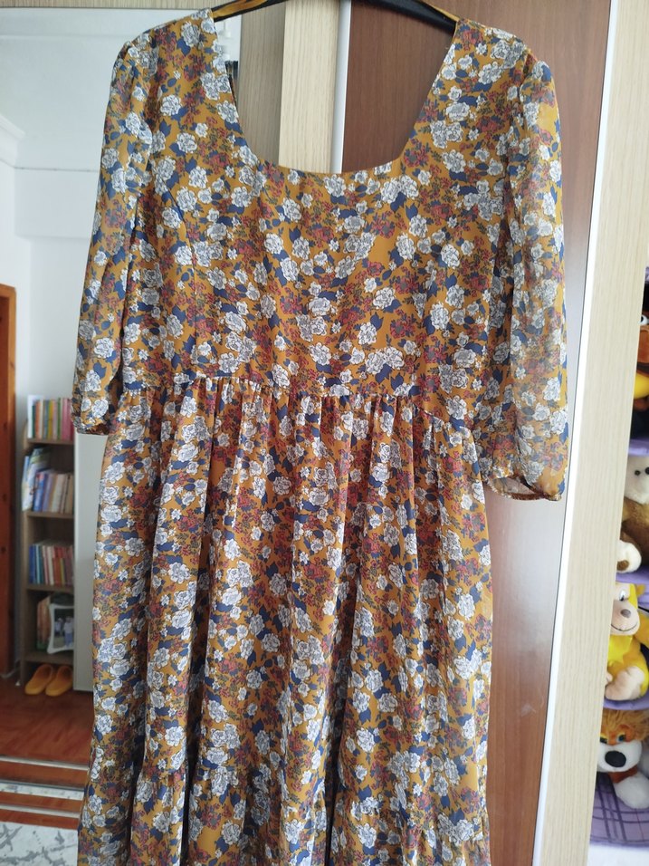 Düğmeli Bohem dirsekte tül kol elbıse - Görsel 3