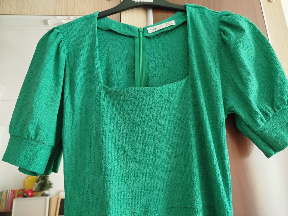 Yeşil V Yaka Midi Keten Elbise - Görsel 2