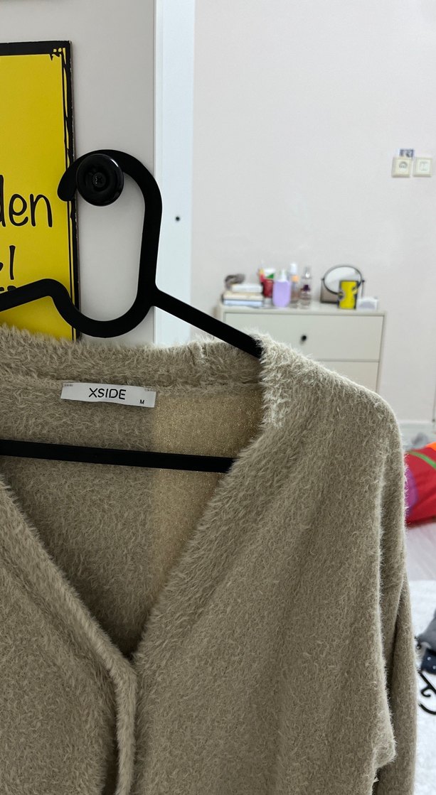 Bej V Yaka Örgü Kadın Hırka - Görsel 2