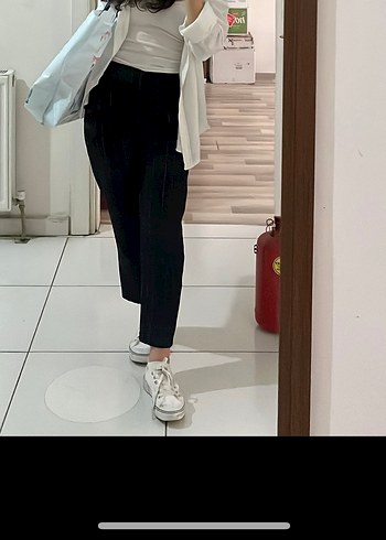 Lacivert Pilili Keten Kadın Pantolon - Görsel 2