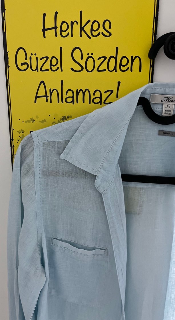 Düğmeli Mavi Keten Gömlek - Görsel 2