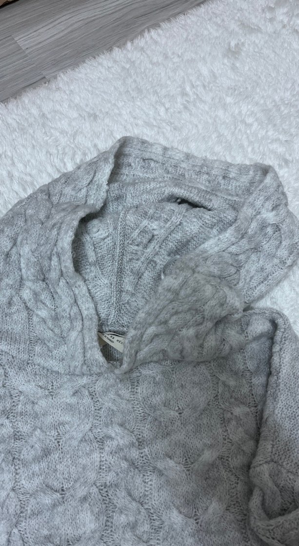 Gri Kapüşonlu Örgü Kadın Kazak - Görsel 3