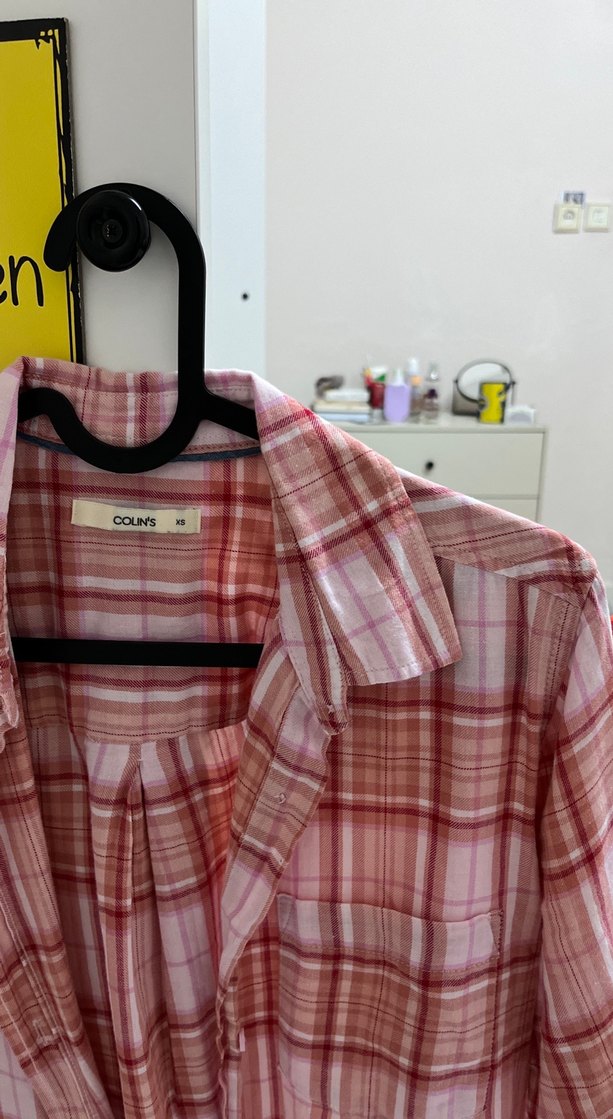 Pembe Ekoseli Pamuklu Kadın Gömlek - Görsel 2