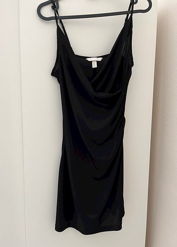 H&M Siyah Drapeli Midi Uzun Askılı Elbise