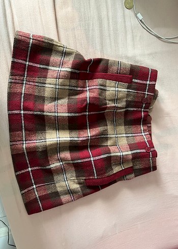 Bordo Ekoseli Pilili Midi Etek