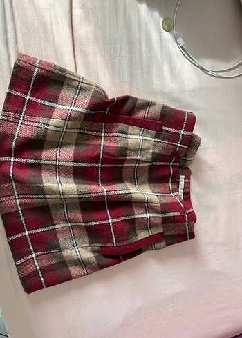 Koton Bordo Ekoseli Pilili Midi Etek