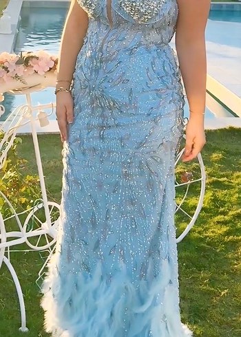 Uzun Mavi Boncuk İşlemeli Straplez Abiye - Görsel 2