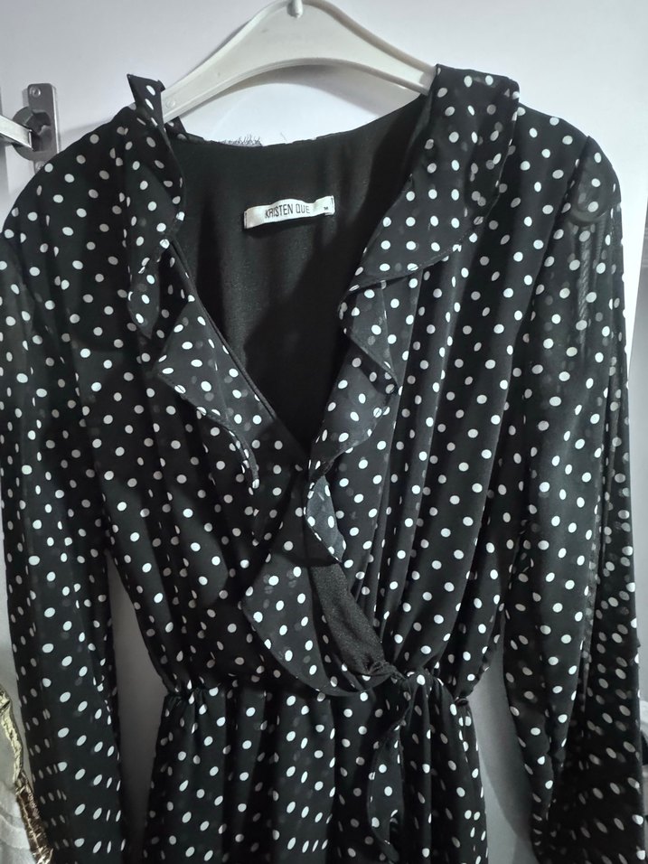 Siyah Puantiyeli Uzun Kadın Elbise - Görsel 2