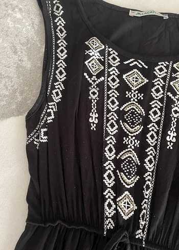 xs Beden Nakışlı Siyah Bohem Uzun Elbise