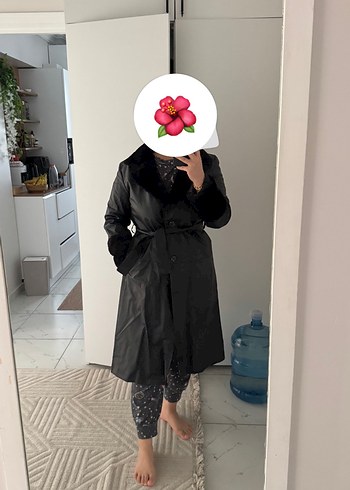 Kürk Detaylı Siyah Deri Kadın Trençkot - Görsel 3