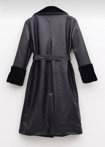 Kürk Detaylı Siyah Deri Kadın Trençkot - Görsel 2