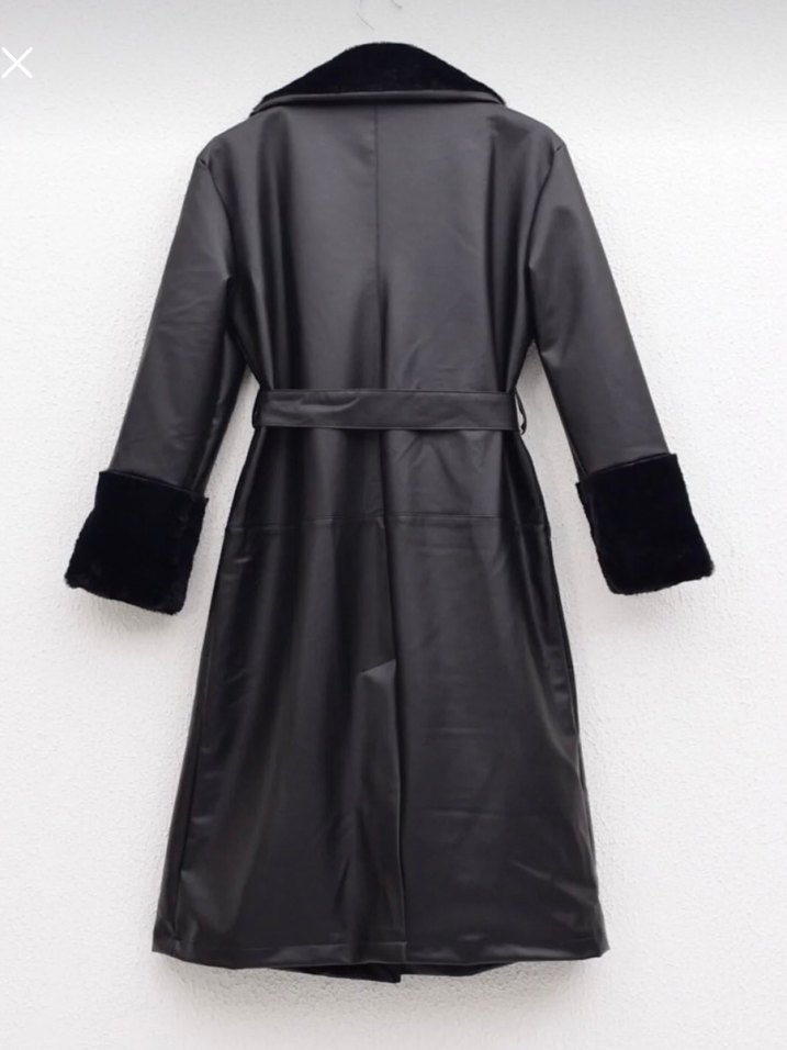 Kürk Detaylı Siyah Deri Kadın Trençkot - Görsel 2