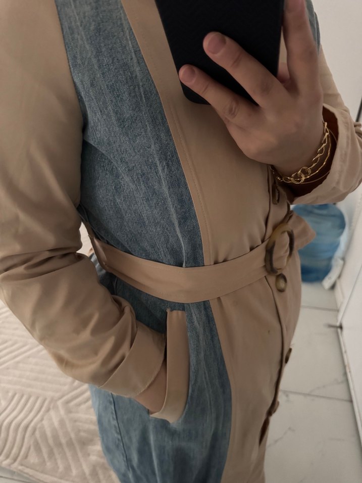 Bej Baskılı Kadın Denim Ceket - Görsel 3