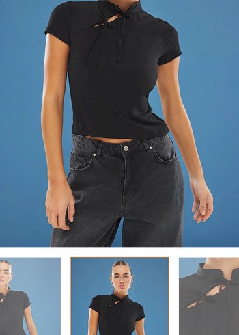 Trendyol & Milla Siyah Yüksek Yakalı Kısa Kollu Denim Bluz
