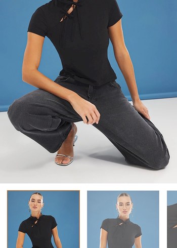 xs Beden Siyah Yüksek Yakalı Kısa Kollu Denim Bluz