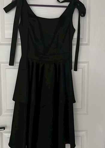 Siyah Straplez saten Midi Elbise - Görsel 4