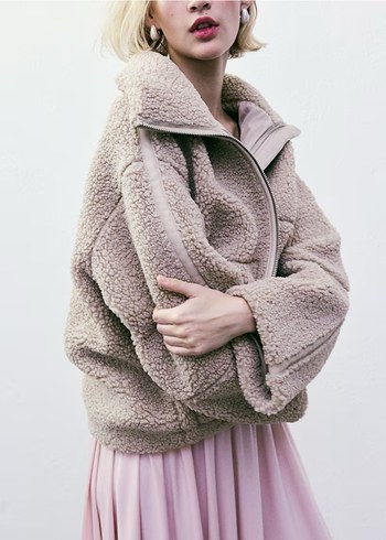 xs Beden camel Renk H&M Bej Peluş Yumuşak Fermuarlı Kadın Ceket