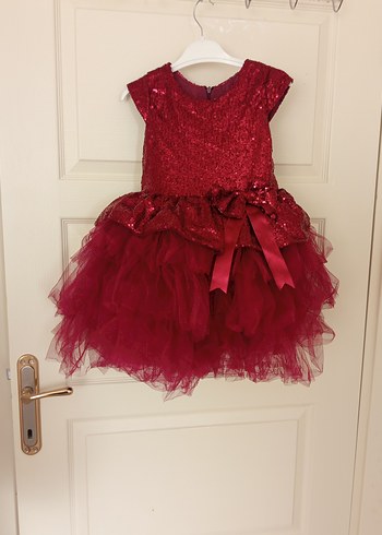 Bordo Fırfırlı Kız Çocuk Abiye Elbise
