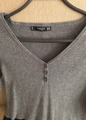 Gri V Yaka Triko Midi Elbise - Görsel 3