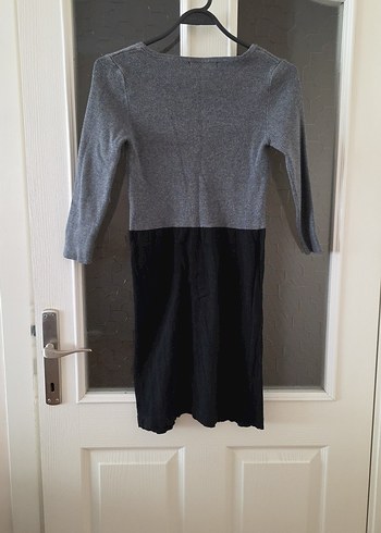 Gri V Yaka Triko Midi Elbise - Görsel 7