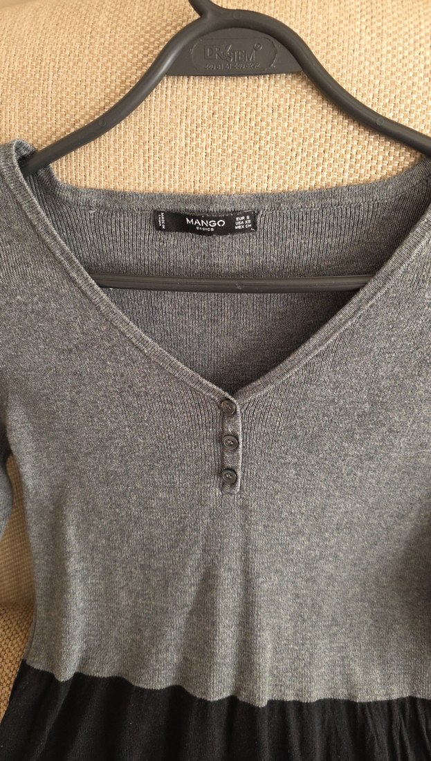 Gri V Yaka Triko Midi Elbise - Görsel 3