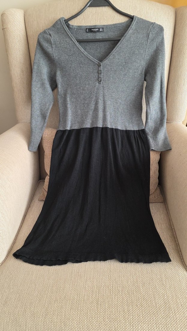 Gri V Yaka Triko Midi Elbise - Görsel 2