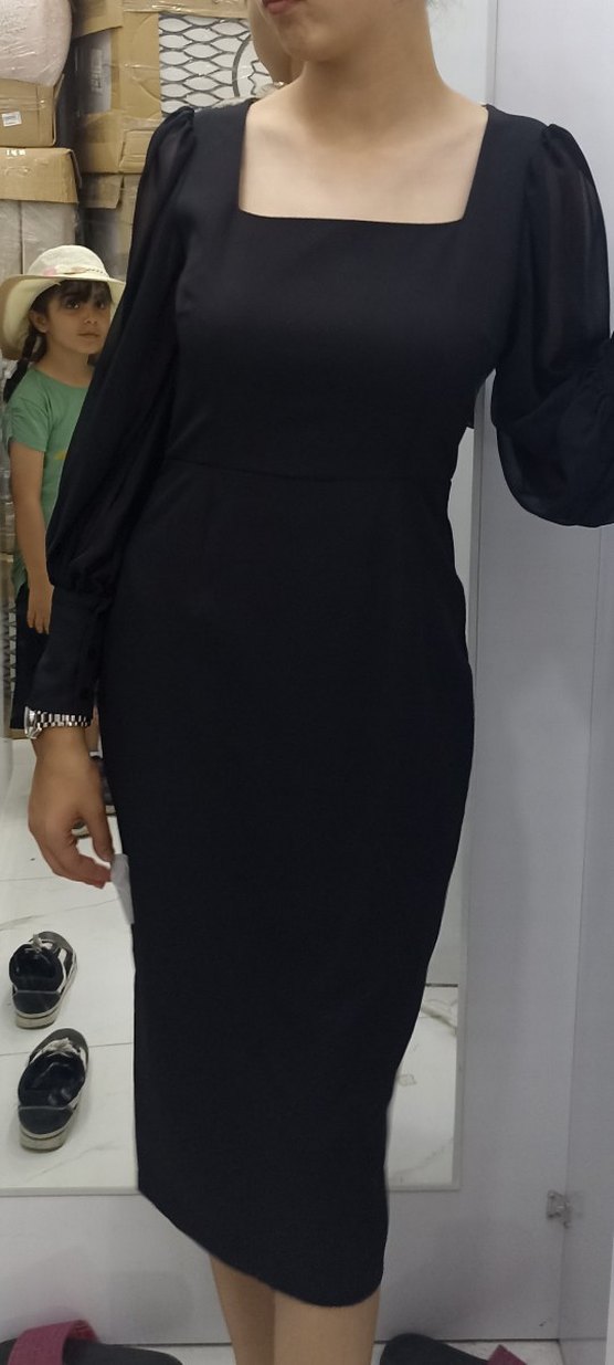 Siyah Uzun Kollu Midi Elbise - Görsel 2