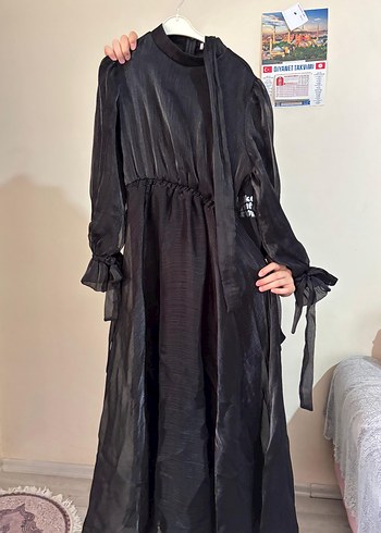 Siyah Uzun Drapeli tesettür Elbise - Görsel 4
