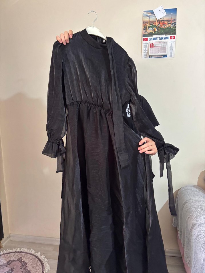 Siyah Uzun Drapeli tesettür Elbise - Görsel 5
