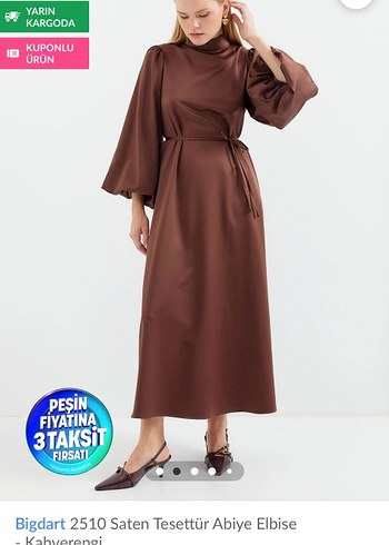 Bigdart 2510 Kahverengi Saten Tesettür Abiye Elbise - Görsel 2