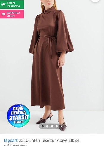 Bigdart 2510 Kahverengi Saten Tesettür Abiye Elbise - Görsel 3