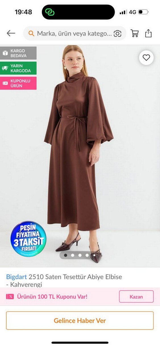 Bigdart 2510 Kahverengi Saten Tesettür Abiye Elbise - Görsel 3