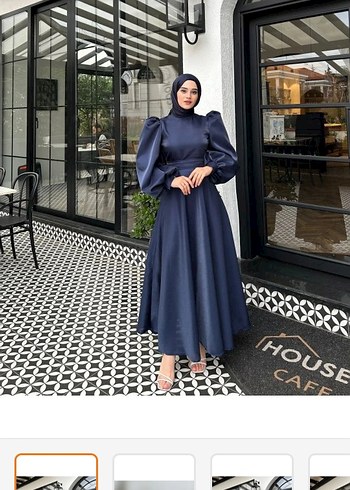 Lacivert Drapeli balon kol saten tesettür abiye - Görsel 3