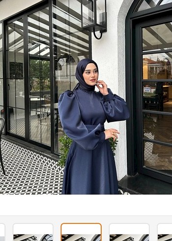 Lacivert Drapeli balon kol saten tesettür abiye - Görsel 2