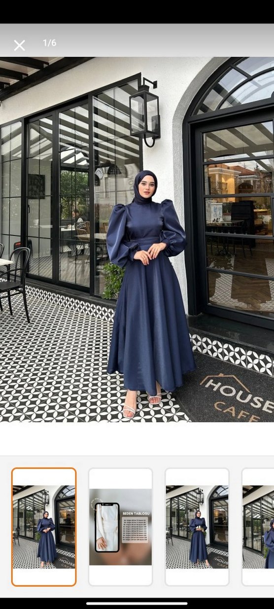Lacivert Drapeli balon kol saten tesettür abiye - Görsel 3