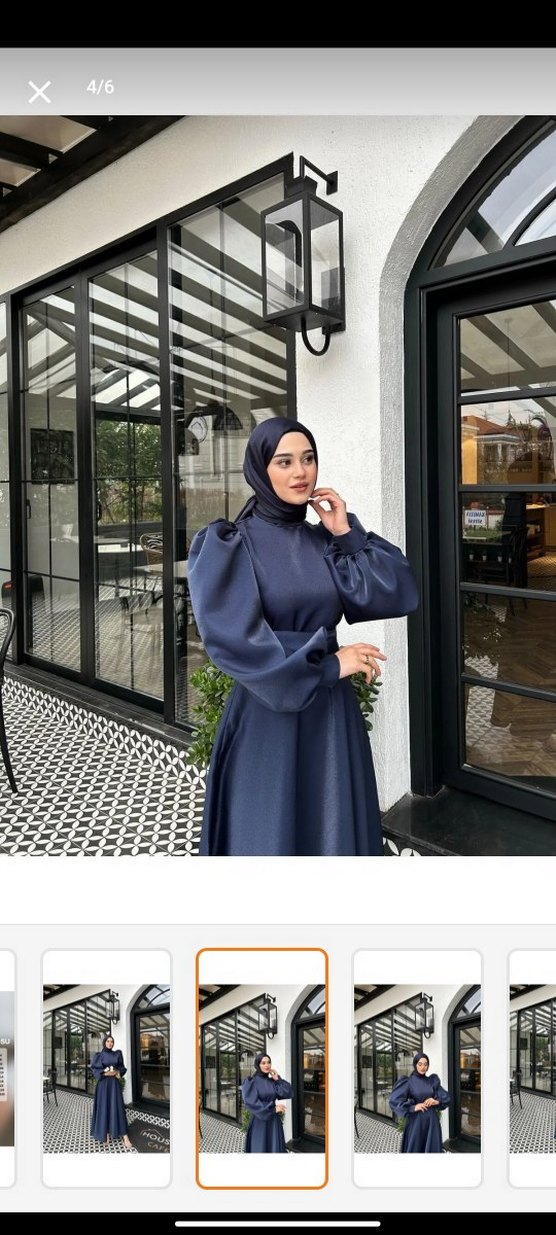 Lacivert Drapeli balon kol saten tesettür abiye - Görsel 2