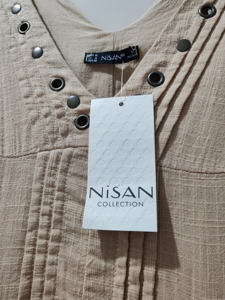 V yaka pliseli keten elbise - Görsel 5