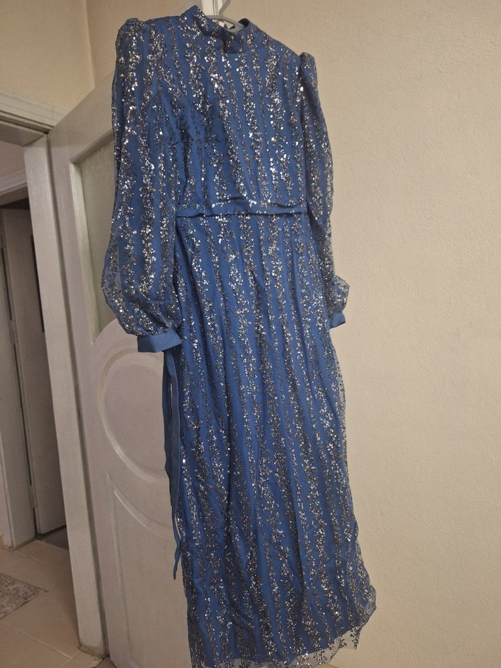 Mavi Tesettür Pırıltılı Abiye - Görsel 4