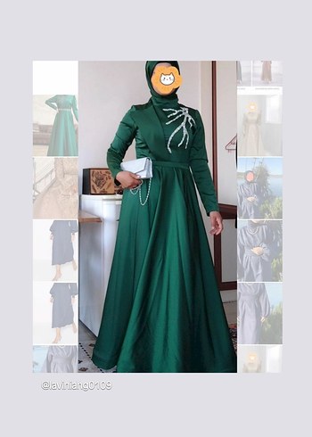 Yeşil tesettür taşlı Abiye Elbise - Görsel 2