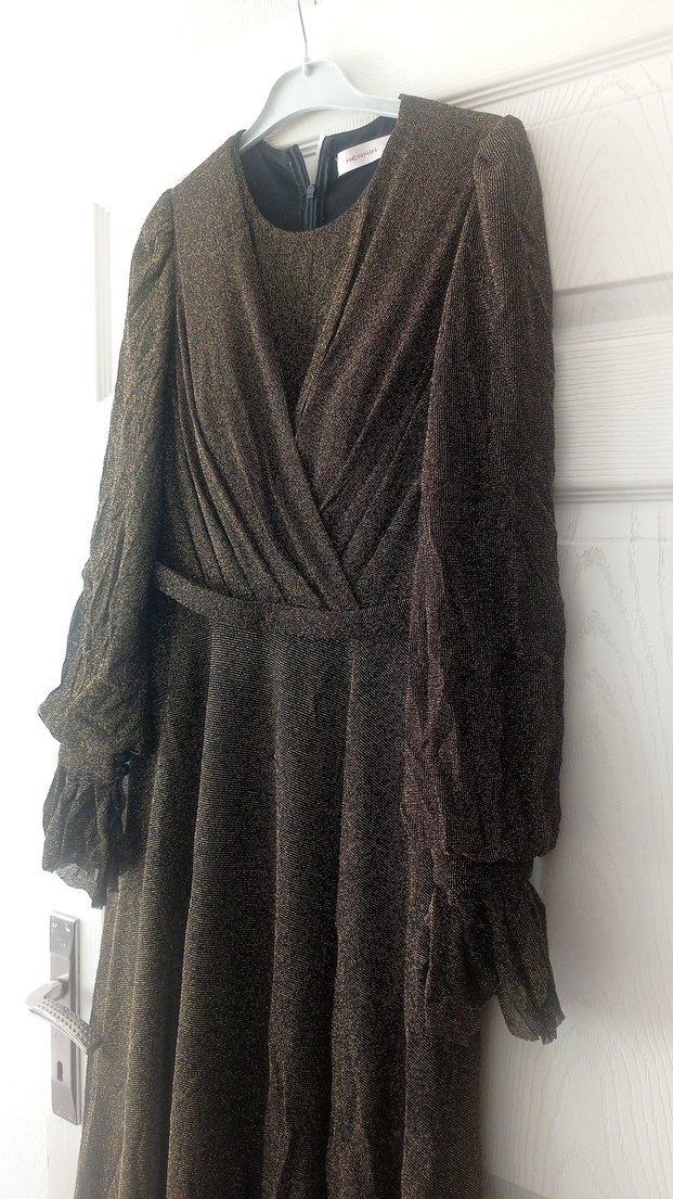 koyu sarı simli  Uzun Kadın abiye sadece bir sefer giyildi - Görsel 4