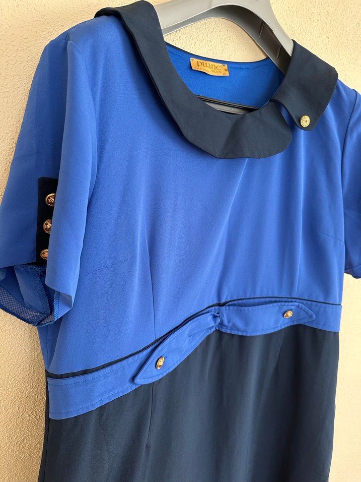 Düğmeli Lacivert Mavi Midi Kadın Elbise - Görsel 3