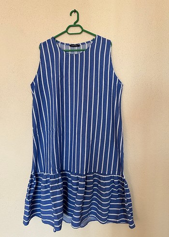 Mavi Çizgili Kolsuz Midi Elbise - Görsel 2