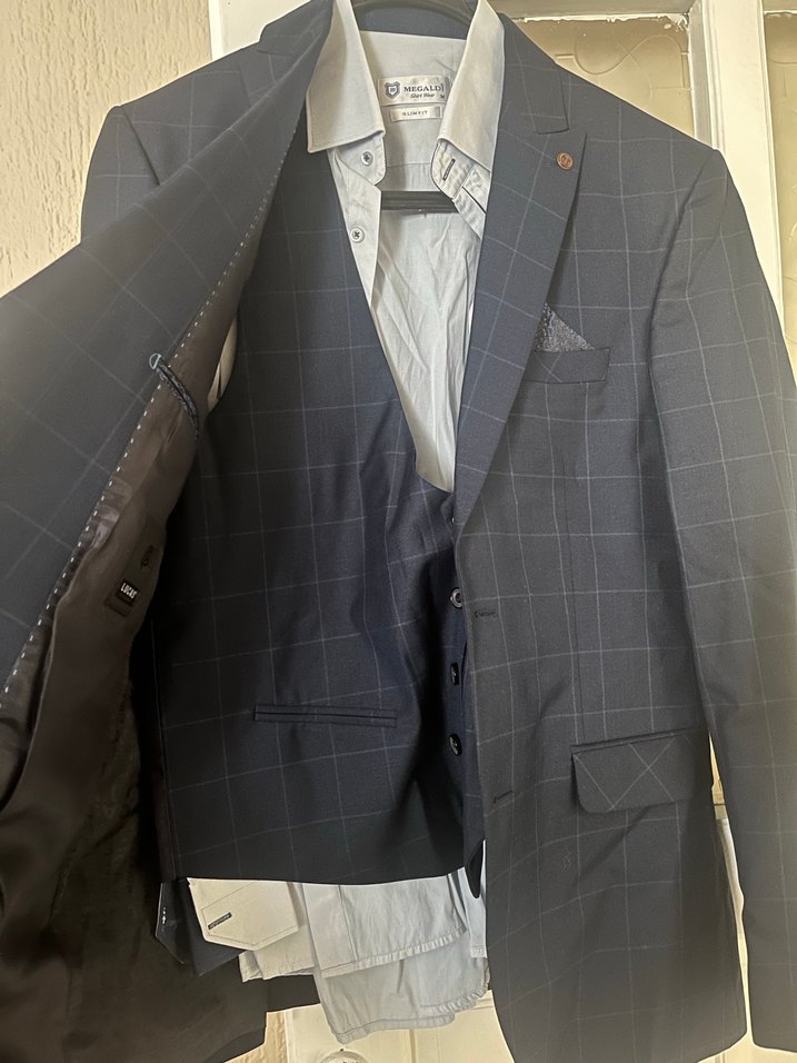 Erkek Lacivert Kareli Regular Fit Takım Elbise - Görsel 2