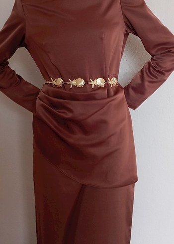 Kahverengi Uzun Kollu Drapeli Abiye - Görsel 3