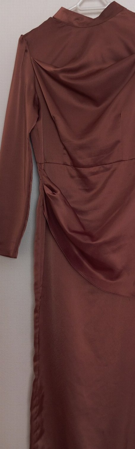 Kahverengi Uzun Kollu Drapeli Abiye - Görsel 4